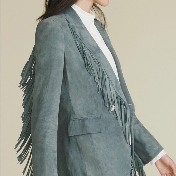 SOLD Veronica Beard XS Leather Suede Fringe Dickey Jacket Blazer Coat Green Grey - Picture 2 of 14